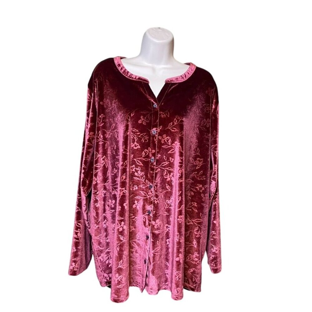 Lands End Womens Valour Floral Blouse Maroon Shimmer Shirt Plus Size 3X u